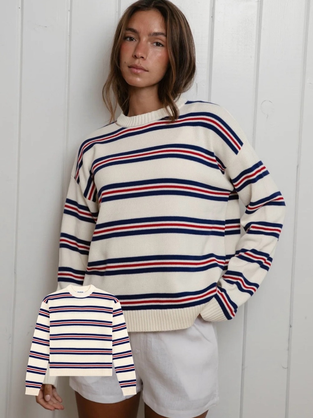 Cotton Stripe-Detail Cream Crewneck Sweater with Navy & Red Accents. SOLD OUT!